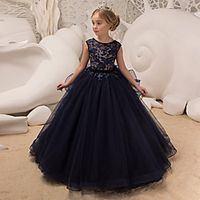 Princess Floor Length Flower Girl Dresses Wedding Tulle Sleeveless Jewel Neck with Pleats Lightinthebox - thumbnail