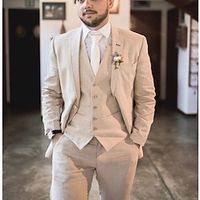 Beige Men's Beach Wedding Linen Suits Solid Colored 3 Piece Fashion Casual Tailored Fit Single Breasted Two-buttons 2023 miniinthebox
