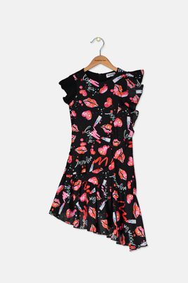 Kids Girls Asymmetrical Hem Dress Black/Red Kids Girls Asymmetrical Hem Dress Black/Red