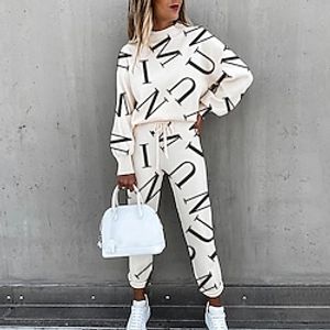 Women's Sweatshirt Tracksuit Pants Sets Active Basic Light Brown Brown Daily Letter Drawstring Print Crew Neck S M L XL XXL / Turtleneck miniinthebox