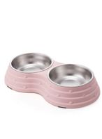 Double Dining Pet Feedrer With Stainless Steel Bowl & Non Slip Rubber Bottom pink For Cat & Dog - 41.5X22X7cm