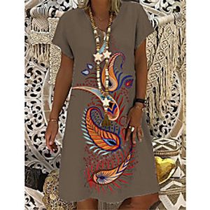 Women's T Shirt Dress Tee Dress Knee Length Dress Brown Short Sleeve Print Print Spring Summer V Neck Casual 2021 S M L XL XXL 3XL Lightinthebox