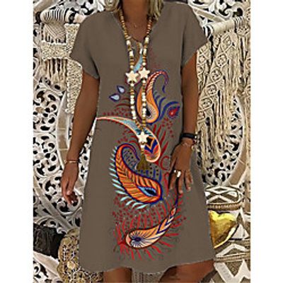 Women's T Shirt Dress Tee Dress Knee Length Dress Brown Short Sleeve Print Print Spring Summer V Neck Casual 2021 S M L XL XXL 3XL Lightinthebox
