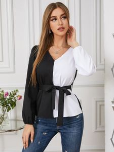 YOINS Patchwork Belt Design V-neck Long Sleeves Blouse
