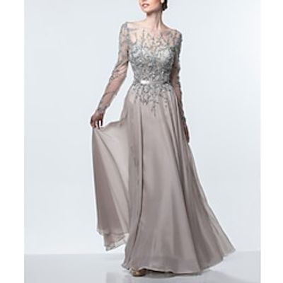 A-Line Mother of the Bride Dress Formal Wedding Guest Elegant Jewel Neck Floor Length Chiffon Sequined Long Sleeve with Sequin 2023 Lightinthebox