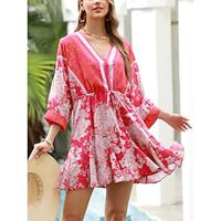 Women's Swing Dress Plaid Ruched V Neck Mini Dress Bohemia Vacation 3/4 Length Sleeve Summer Lightinthebox