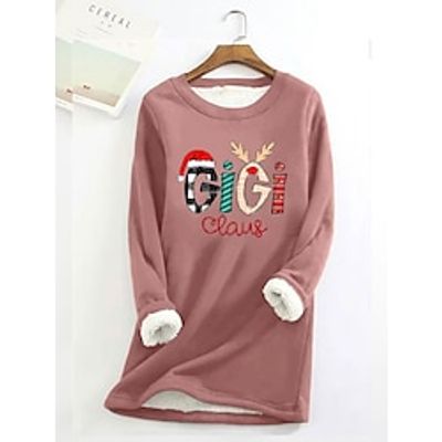 Women's Pullover Christmas Sweatshirt Fleece Lined Letter Teddy Fuzzy Festival Print Black Yellow Pink Christmas Casual Round Neck Long Sleeve Top Micro-elastic Fall  Winter Lightinthebox