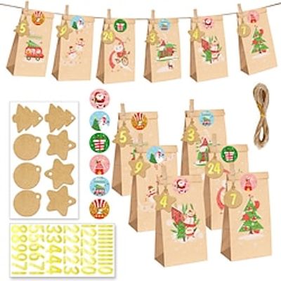 24pcs Gift Bags for Christmas, Xmas Advent Calendar Gift Bags, 24 Day Countdown Calendar Hanging Bags, 2023 Christmas Kraft Paper DIY Bag with Rope  Label Lightinthebox