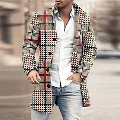 Houndstooth Plaid  Check Business Casual Men's Coat Work Wear to work Going out Fall  Winter Standing Collar Long Sleeve khaki M L XL Polyester Weaving Jacket Lightinthebox