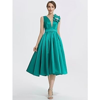 A-Line Cocktail Dresses Elegant Dress Formal Tea Length Sleeveless V Neck Satin with Appliques 2023 Lightinthebox