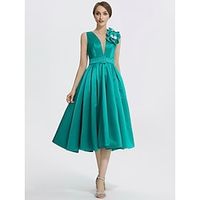 A-Line Cocktail Dresses Elegant Dress Formal Tea Length Sleeveless V Neck Satin with Appliques 2023 Lightinthebox - thumbnail