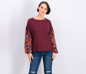 Juniors Printed-Sleeve Waffle-Knit Top  Burgundy Combo