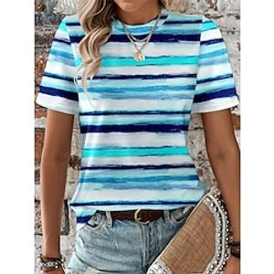 Women's T shirt Tee Striped Red Blue Purple Print Short Sleeve Daily Going out Fashion Round Neck Regular Fit Summer Lightinthebox