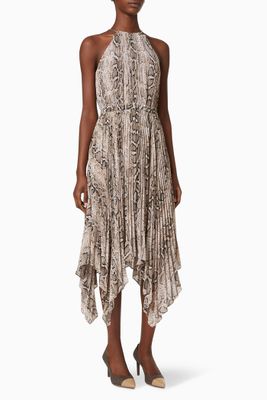 Snake Print Halter Dress in Pleated Georgette Snake Print Halter Dress in Pleated Georgette