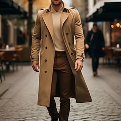Men's Winter Coat Overcoat Long Trench Coat Outdoor Daily Wear Fall Winter Polyester Thermal Warm Waterproof Outerwear Clothing Apparel Fashion Streetwear Plain Lapel Double Breasted Lightinthebox