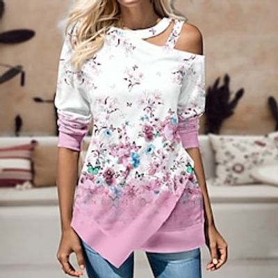 Women's Shirt Blouse Pink Blue Green Floral Cut Out Asymmetric Print Long Sleeve Casual Holiday Fashion Round Neck Regular Fit Floral Spring   Fall Lightinthebox