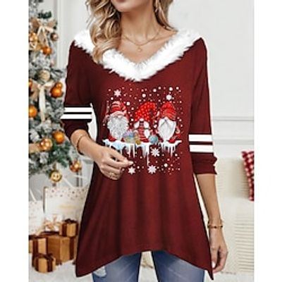 Women's T shirt Tee Christmas Shirt Santa's Helper Black Red Green Print Long Sleeve Party Christmas Weekend Festival  Holiday Fur Collar Regular Fit Fall  Winter Lightinthebox