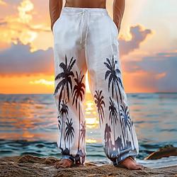 Men's Linen Pants Drawstring 3D Print Leaf Lightweight Soft Full Length Outdoor Casual Daily Vacation Holiday White Micro-elastic Lightinthebox