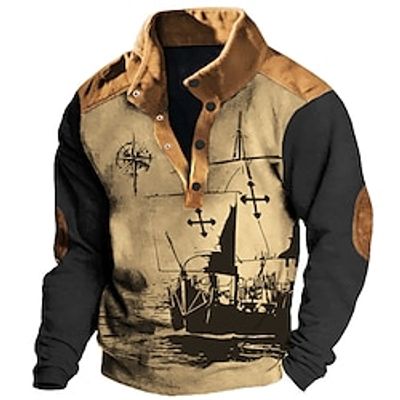 Graphic Ship Nautical Daily Casual Vintage Retro Men's 3D Print Sweatshirt Sports Outdoor Holiday Vacation Sweatshirts Black Blue Green Stand Collar Print Spring   Fall Designer Lightinthebox