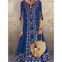 Women's A Line Dress Maxi long Dress Blue Half Sleeve Print Print Spring Summer Crew Neck Stylish Modern 2022 S M L XL 2XL 3XL 4XL 5XL Lightinthebox - thumbnail
