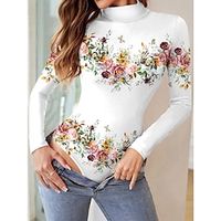 Women's Bodysuit Print Floral Stand Collar Ordinary Daily Weekend Bodycon Long Sleeve White Light Green Blue S M L All Seasons miniinthebox