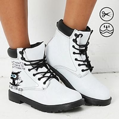 Women's Boots Print Shoes Combat Boots Animal Print Daily Cat Slogan Booties Ankle Boots Winter Flat Heel Round Toe Closed Toe Fashion Casual Faux Leather Lace-up White Pink Blue miniinthebox
