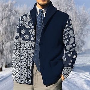 Men's Cardigan Sweater Knitwear Ribbed Knit Pocket Knitted Paisley Stand Collar Fashion Streetwear Daily Wear Vacation Clothing Apparel Fall  Winter Blue S M L Lightinthebox