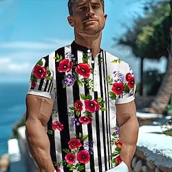 Floral Line Resort Men's Shirt Street Casual Daily Summer Spring Stand Collar Henley Short Sleeve Black, Yellow S, M, L Shirt Lightinthebox