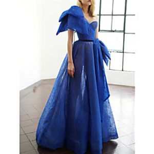 A-Line Elegant Sheer Wedding Guest Formal Evening Dress One Shoulder Short Sleeve Floor Length Lace with Bow(s) 2022 Lightinthebox