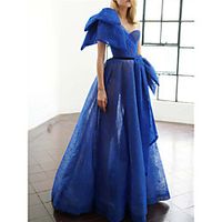 A-Line Elegant Sheer Wedding Guest Formal Evening Dress One Shoulder Short Sleeve Floor Length Lace with Bow(s) 2022 Lightinthebox - thumbnail
