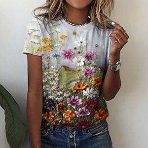 Women's T shirt Tee Orange Floral Print Short Sleeve Holiday Weekend Basic Round Neck Regular Floral Painting S miniinthebox