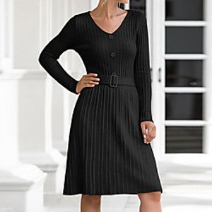 Women's Sweater Jumper Dress Knee Length Dress Black Red Beige Long Sleeve Solid Color Button Fall V Neck Casual 2021 One-Size miniinthebox
