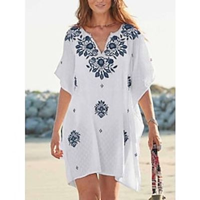 Women's Beach Dress Beach Wear Mini Dress Print Tropical Casual Floral V Neck Half Sleeve Loose Fit Outdoor Daily Blue 2023 Summer Spring S M L XL Lightinthebox