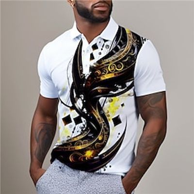 Geometry Men's Abstract Print 3D Golf Polo Outdoor Daily Wear Streetwear Polyester Short Sleeve Turndown Polo Shirts Yellow Blue Spring  Summer S M L Micro-elastic Lapel Polo Lightinthebox