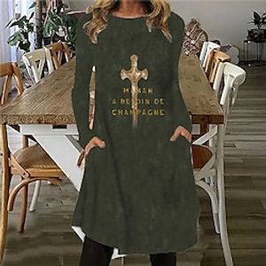 Women's Shift Dress Knee Length Dress Green Black Brown Long Sleeve Print Letter Pocket Print Fall Spring Crew Neck Casual Vacation 2022 S M L XL XXL 3XL Lightinthebox