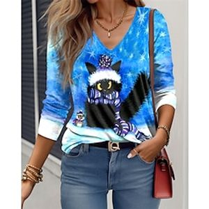 Women's T shirt Tee Christmas Shirt Animal Cat Blue Print Long Sleeve Christmas Weekend Festival  Holiday V Neck Regular Fit Spring   Fall Lightinthebox