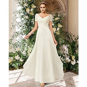 A-Line Wedding Dresses V Neck Floor Length Chiffon Lace Short Sleeve Romantic Simple with Pleats Appliques 2022 Lightinthebox