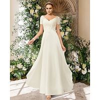 A-Line Wedding Dresses V Neck Floor Length Chiffon Lace Short Sleeve Romantic Simple with Pleats Appliques 2022 Lightinthebox - thumbnail