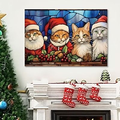 Animals Wall Art Canvas Christmas Cute Cat Prints and Posters Animals Pictures Decorative Fabric Painting For Living Room Pictures No Frame miniinthebox