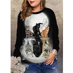 Women's Plus Size Tops Pullover Sweatshirt Cat Graphic Print Long Sleeve Crewneck Hoodie Streetwear Daily Going out Spandex Fall Winter White Black Lightinthebox