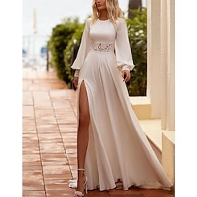 Casual Boho Wedding Dresses A-Line Boat Neck Long Sleeve Floor Length Chiffon Bridal Gowns With Embroidery Solid Color 2023 Lightinthebox