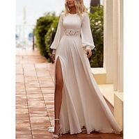 Casual Boho Wedding Dresses A-Line Boat Neck Long Sleeve Floor Length Chiffon Bridal Gowns With Embroidery Solid Color 2023 Lightinthebox - thumbnail