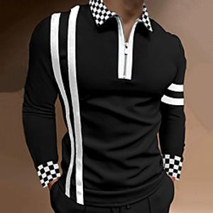 Men's Golf Shirt Striped Lattice Color Block Zipper Patchwork Long Sleeve Casual Tops Business Simple Lightweight Basic White Black Lightinthebox