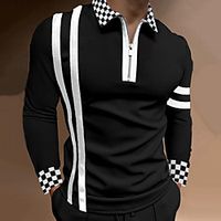 Men's Golf Shirt Striped Lattice Color Block Zipper Patchwork Long Sleeve Casual Tops Business Simple Lightweight Basic White Black Lightinthebox - thumbnail