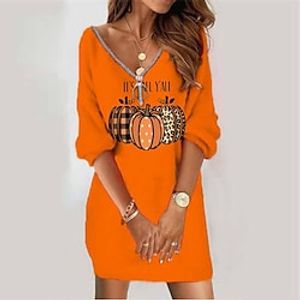 Women's Sweatshirt Dress Shift Dress Short Mini Dress Yellow Orange Long Sleeve Letter Pumpkin Zipper Print Fall Winter V Neck Vacation Casual Halloween 2022 S M L XL XXL 3XL miniinthebox