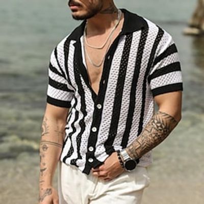 Men's Shirt Button Up Shirt Casual Shirt Summer Shirt Beach Shirt Black Green khaki Short Sleeve Stripe Lapel Hawaiian Holiday Hole Clothing Apparel Fashion Casual Comfortable Lightinthebox