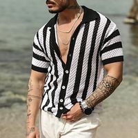 Men's Shirt Button Up Shirt Casual Shirt Summer Shirt Beach Shirt Black Green khaki Short Sleeve Stripe Lapel Hawaiian Holiday Hole Clothing Apparel Fashion Casual Comfortable Lightinthebox - thumbnail