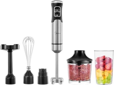 Midea Hand Blender Stainless Steel 4 in 1,1000 W Electric Purée Stick, 500 ml Chopper, 600 ml Cup, Masher, Whisk, for Baby Food - MJBH6001W
