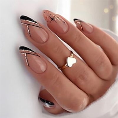 Fall Press on Nails Medium Almond Shaped Fake Nails Black French Tips Nails Kit with Lines Gold Foil Glitter Star Point Designs Acrylic Nails Luxury Elegant for Women and Girls 24 Pcs Manicure Lightinthebox