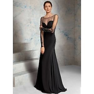 A-Line Mother of the Bride Dress Formal Elegant Vintage Black Dress Illusion Neck Sweep  Brush Train Chiffon Long Sleeve with Beading Appliques 2024 Lightinthebox